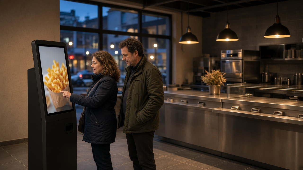 Bestelkiosk in de horeca bij een snackbar, gasten bestellen zelf tijdens de fast service spits