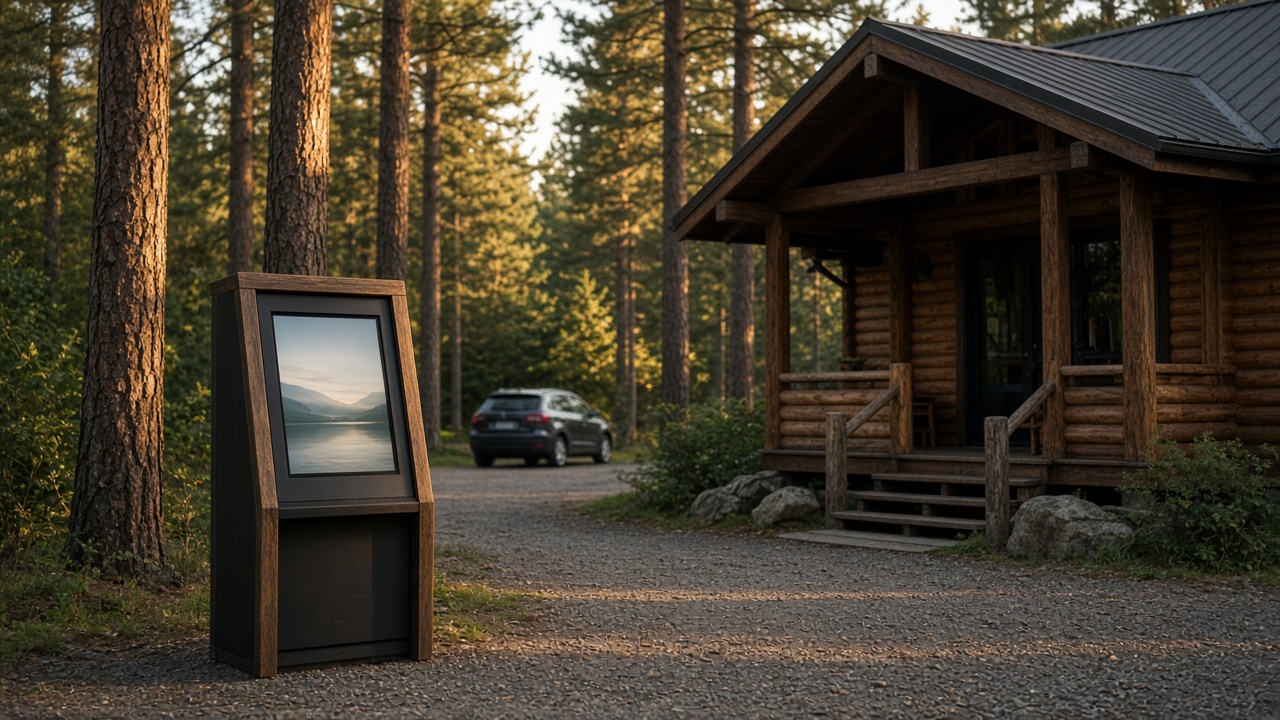 Incheckkiosk of bestelkiosk bij een camping, naast de receptie tussen de bomen