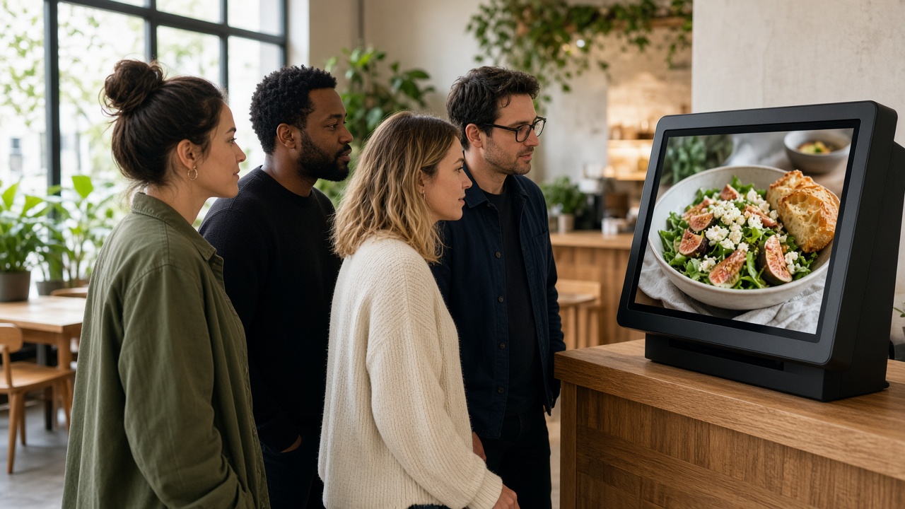 Meertalige bestelkiosk met allergenen: gasten bekijken een gerecht op het scherm