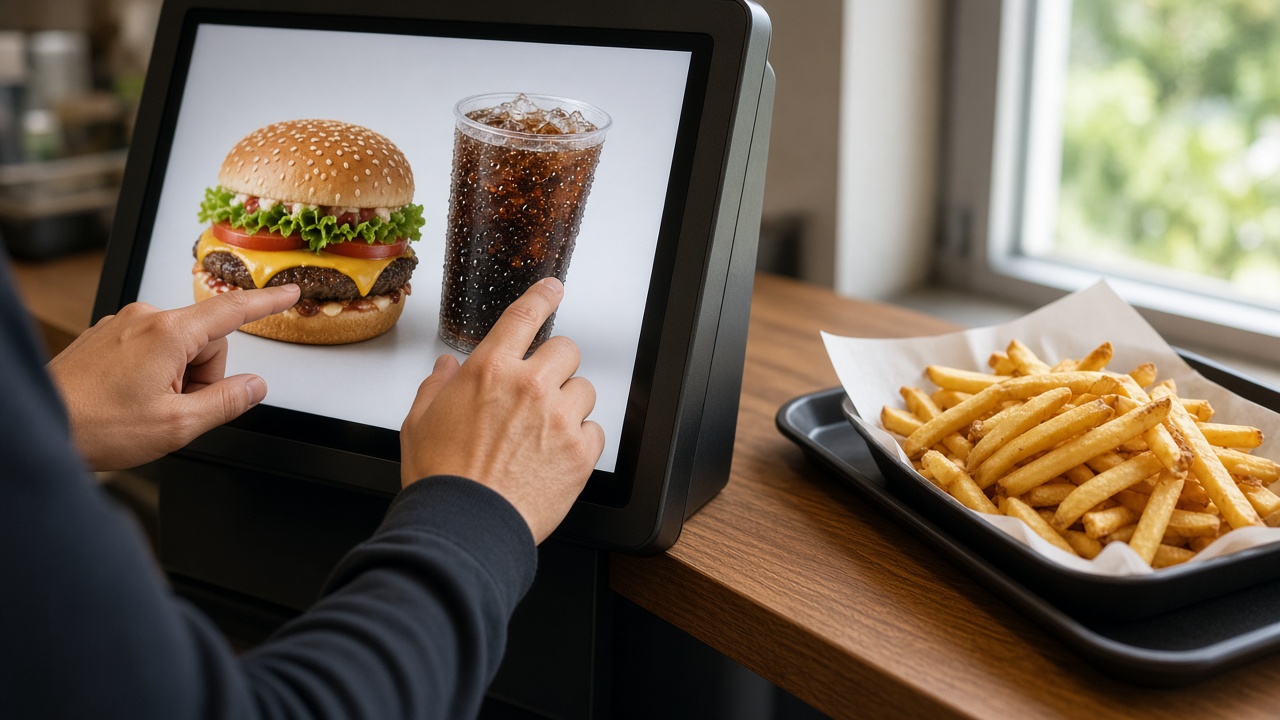 Upsell op de bestelzuil: een gast kiest een burger en een drankje op het scherm