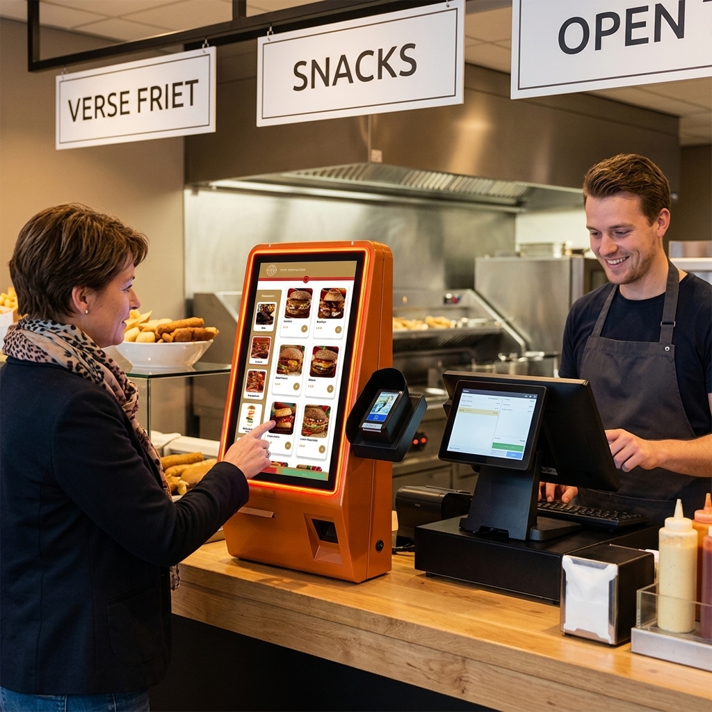 Atmospheric scene of a cafeteria and snack bar where staff uses POS and customers order via self-service kiosk