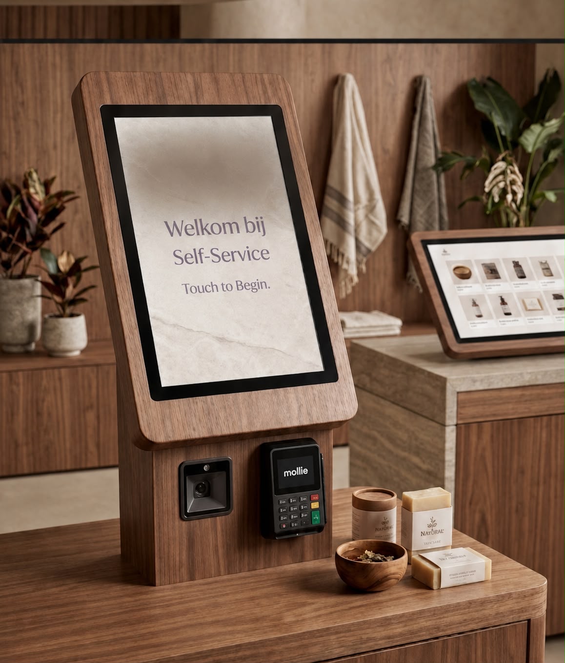 Houten interieur-kiosk met pin en scanner in wellness-omgeving