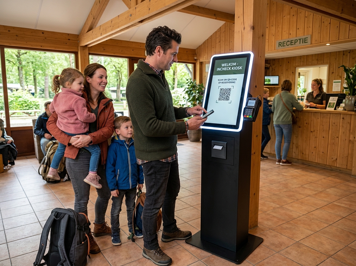 Incheck-kiosk met QR-scanner voor camping en recreatie
